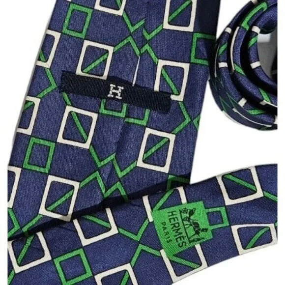 HERMÈS VINTAGE Men's 100% Silk Necktie LUXURY 394 EA Blue Geometric W:3.7" EUC